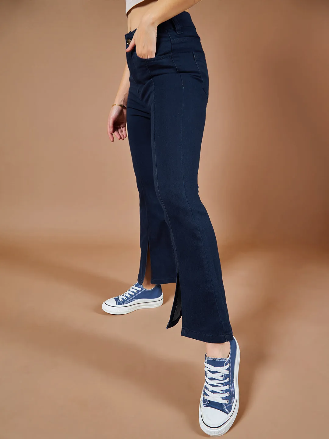 24/7 Comfort Women's Navy Blue Bell Bottom Bootcut High rise Stretchable Slit Denim Jeans