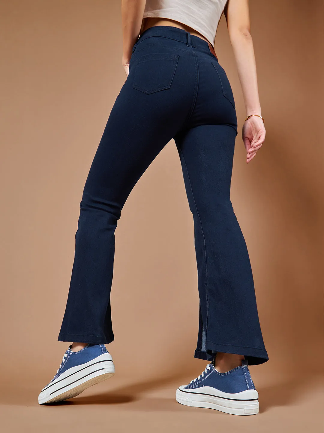 24/7 Comfort Women's Navy Blue Bell Bottom Bootcut High rise Stretchable Slit Denim Jeans