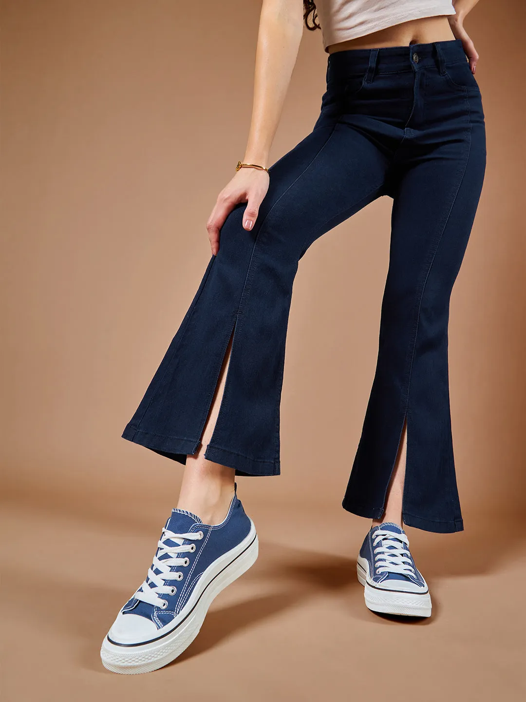 24/7 Comfort Women's Navy Blue Bell Bottom Bootcut High rise Stretchable Slit Denim Jeans