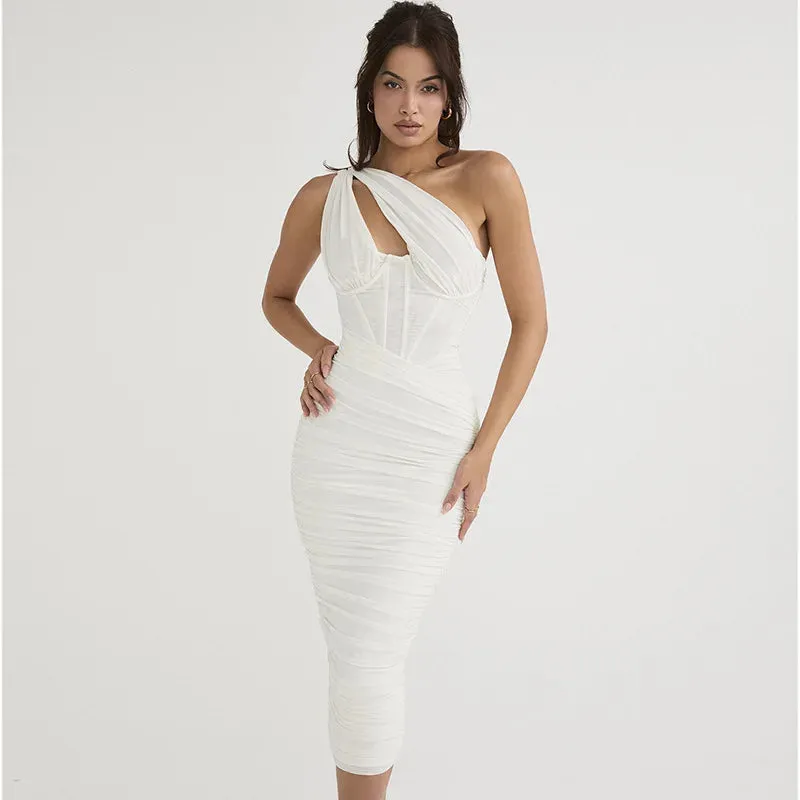 Amozae Summer White Mesh Dresses Party One Shoulder Sleeveless Ruched Midi Dresses Sexy Women's Clothing