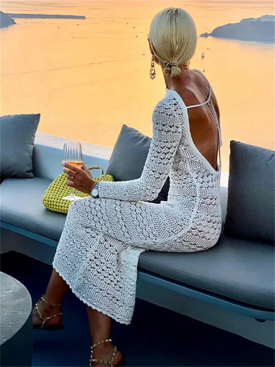 Backless Tie Up Crochet Maxi Dress for Beach