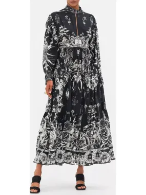 Black and White Tattoo Printed Silk Midi Dress