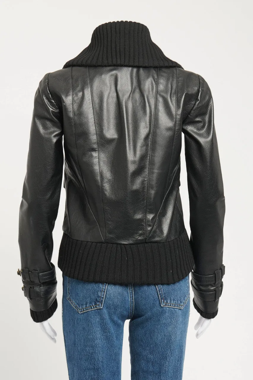 Black Leather Multiple Front Pockets Preowned Jacket