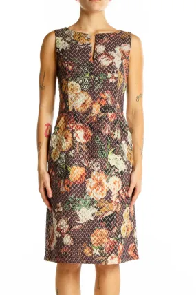 Brown Floral Sleeveless Sheath Dress