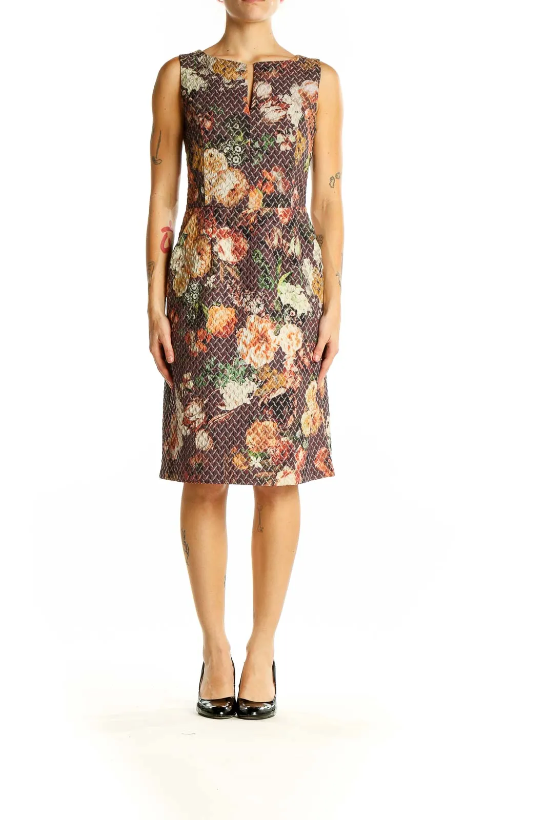 Brown Floral Sleeveless Sheath Dress