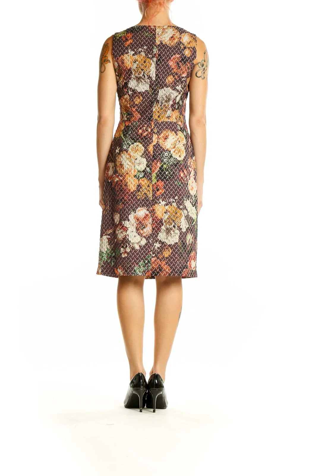 Brown Floral Sleeveless Sheath Dress