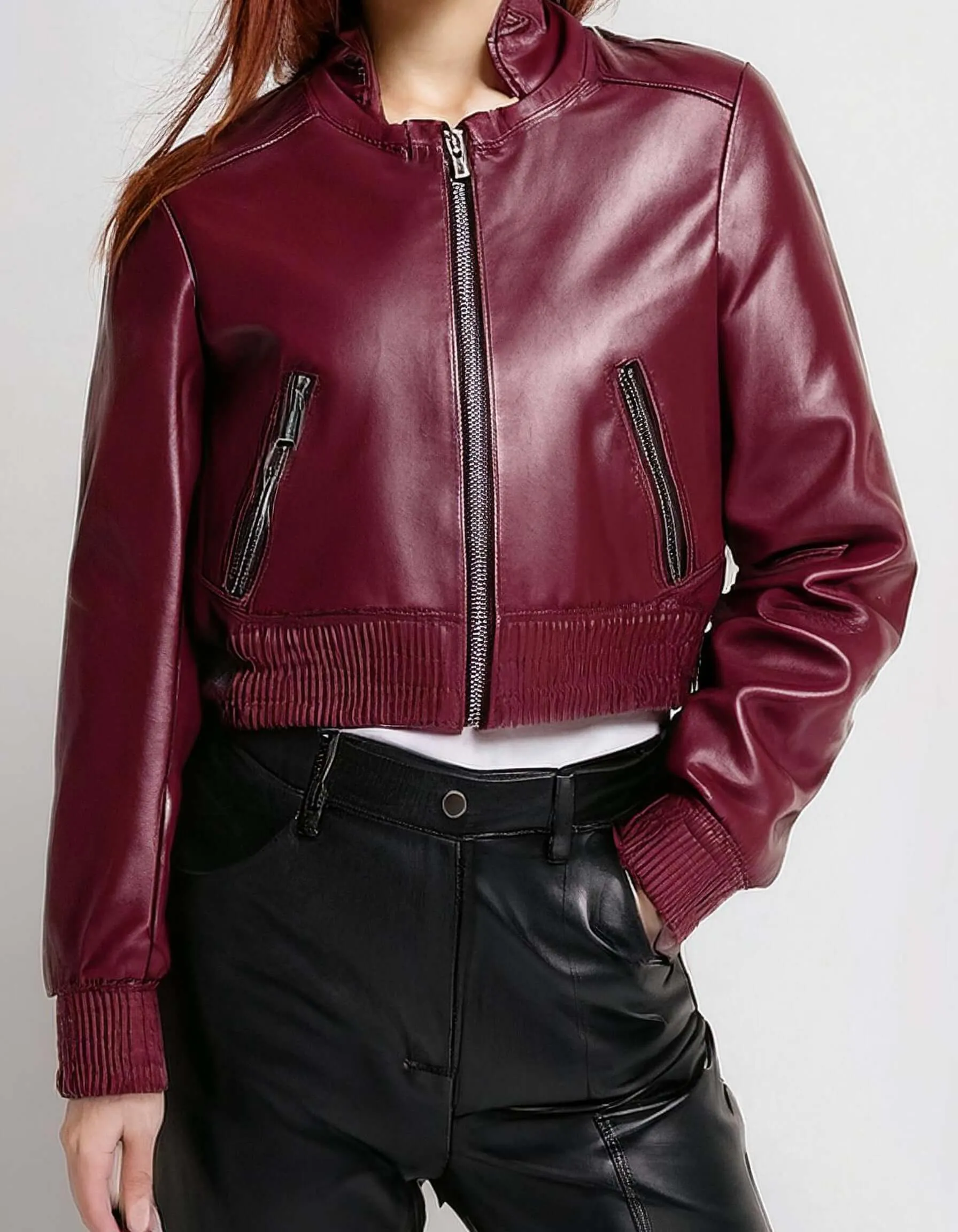 Burgundy Zip-Up Leather Jacket