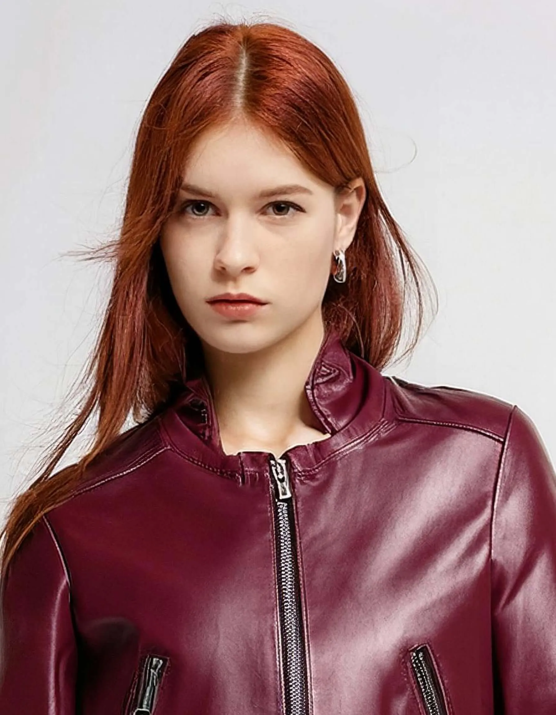 Burgundy Zip-Up Leather Jacket