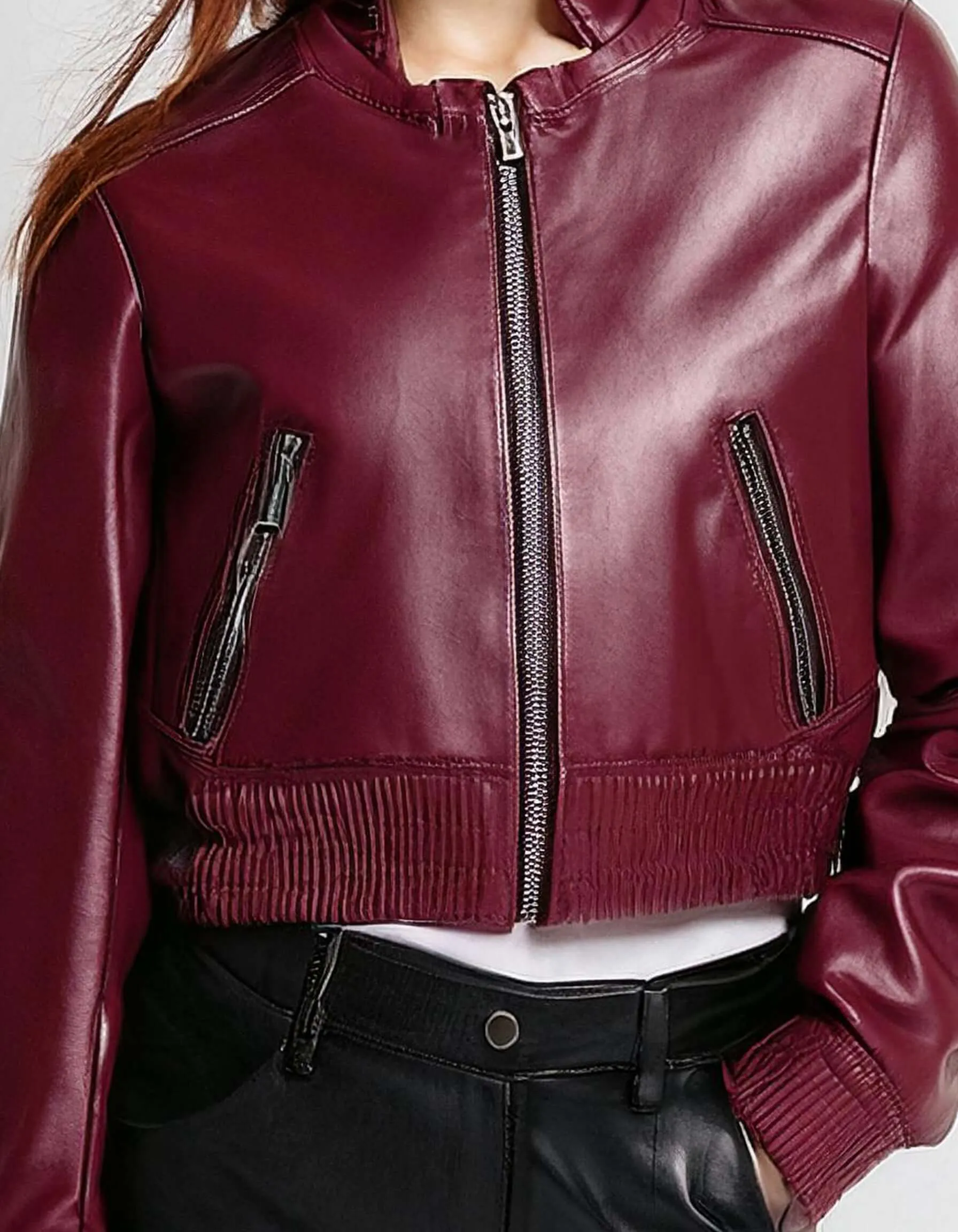 Burgundy Zip-Up Leather Jacket