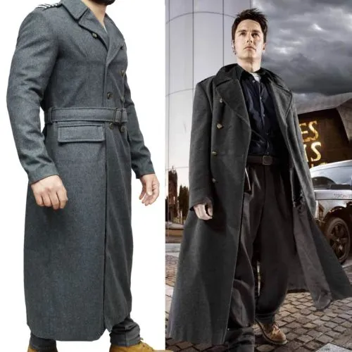 Captain Jack Harkness Grey Woolen Fabric Trench Pea Coat