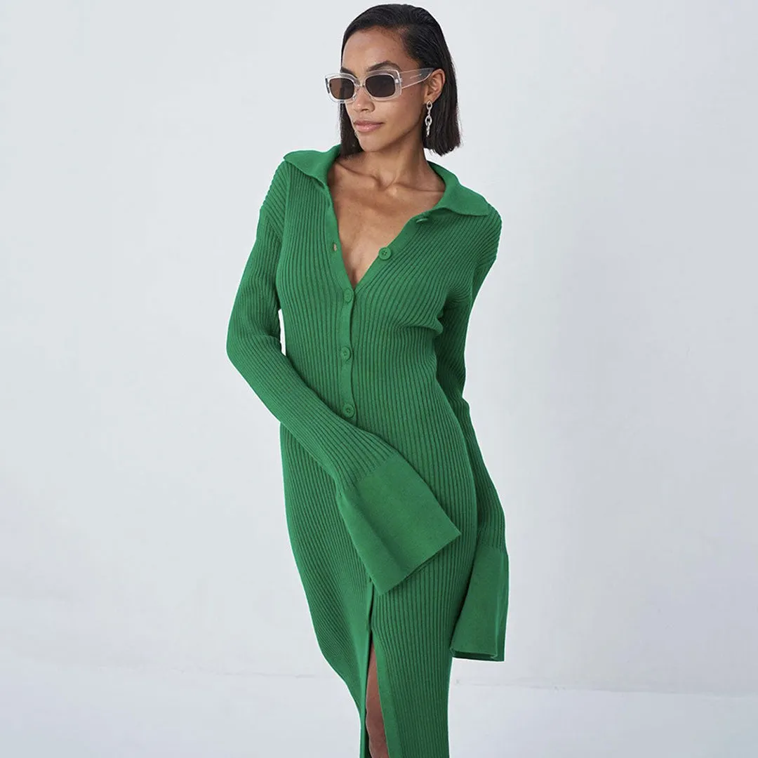 Chic Collared Button Down Long Sleeve Split Trim Rib Knit Maxi Dress - Green