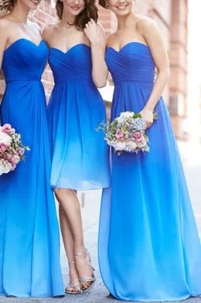 Chiffon Ombre Blue Sweetheart Strapless Floor Length Bridesmaid Dresses