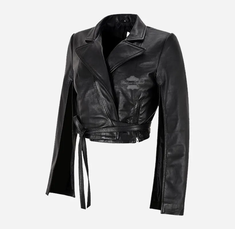 COZETTA Ladies Cropped Leather Jacket Tie Belt Slit Arm & Back Jacket