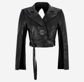 COZETTA Ladies Cropped Leather Jacket Tie Belt Slit Arm & Back Jacket