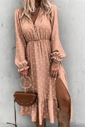 Dot Button Ruffels Slit Maxi Dress