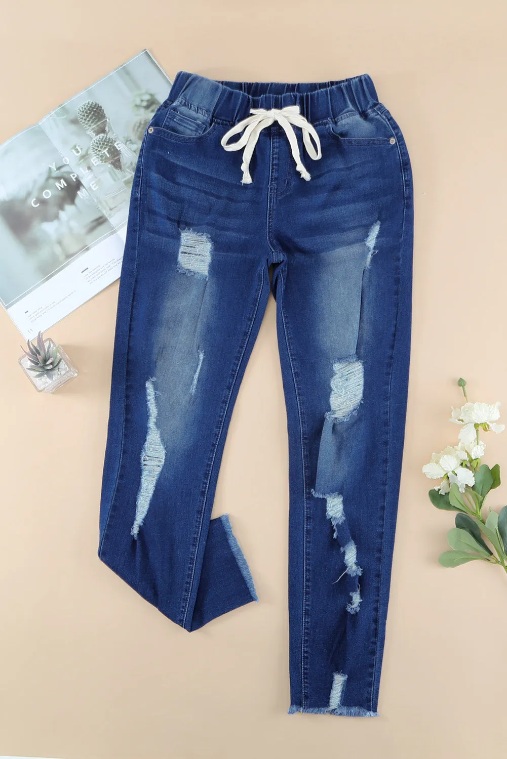 Drawstring Elastic Waist Hole Ripped Jeans