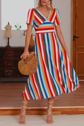 Dunnmall V Neck Striped Women Love Midi Dress