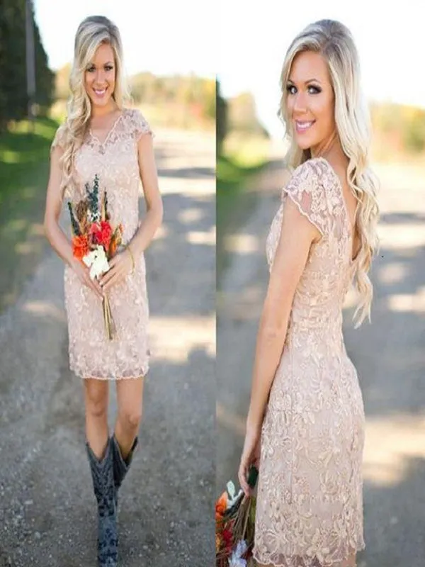 Dusty Pink Lace Short Bridesmaid Dresses with Boots