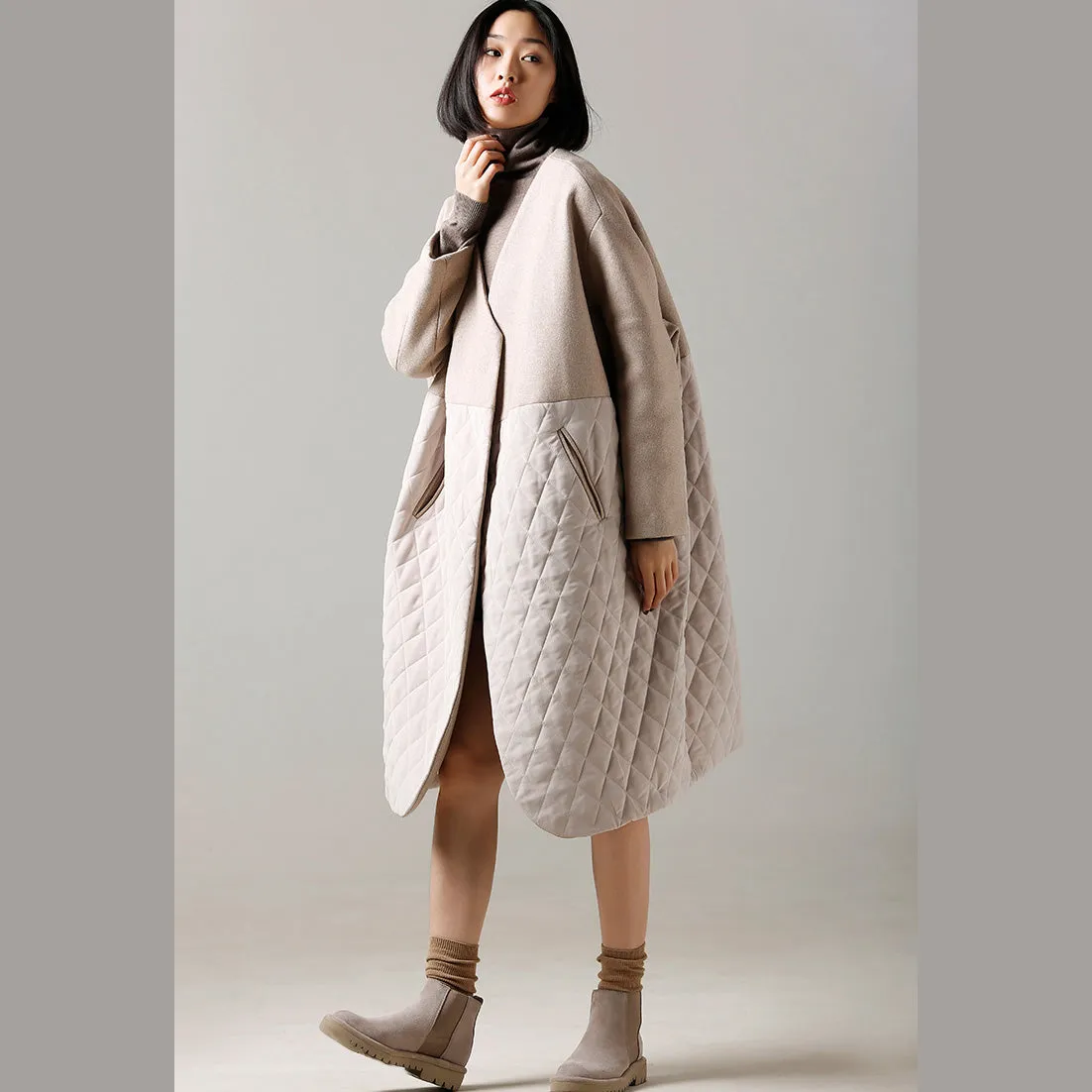 fashion beige Woolen Coat medium length patchwork v neck coat