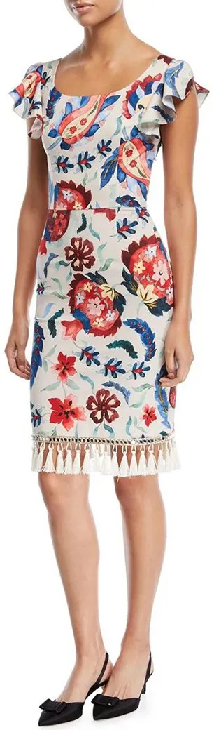 Floral Tassel Short-Sleeve Cocktail Sheath Dress