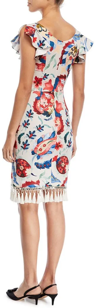 Floral Tassel Short-Sleeve Cocktail Sheath Dress