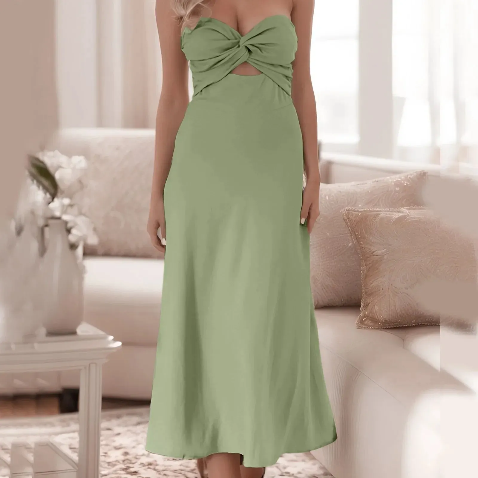 Front Strapless Sweetheart Smocked Cutout Tube Linen For Summer Women's Midi Sexy Dress