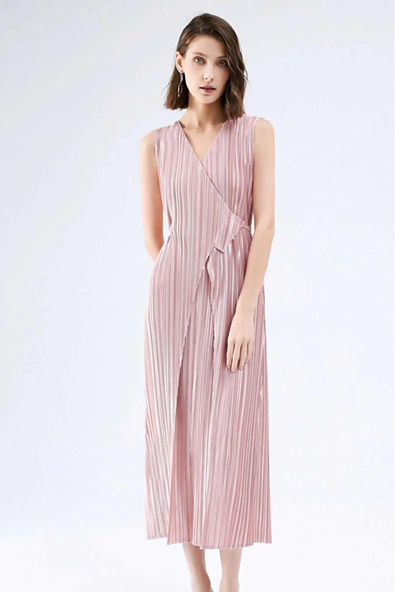 Fully Pleated Glossy Tie-Strap Dress