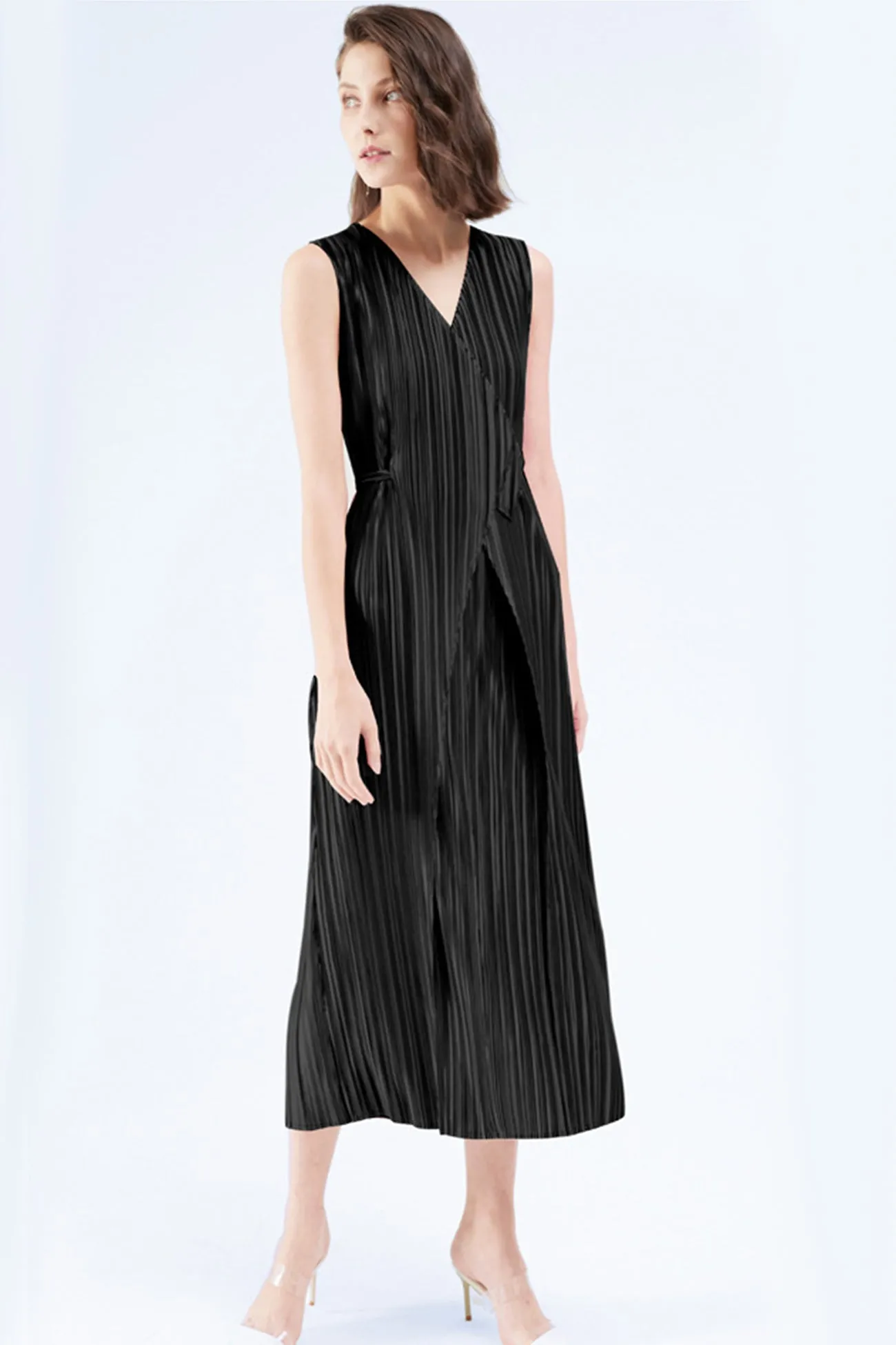 Fully Pleated Glossy Tie-Strap Dress