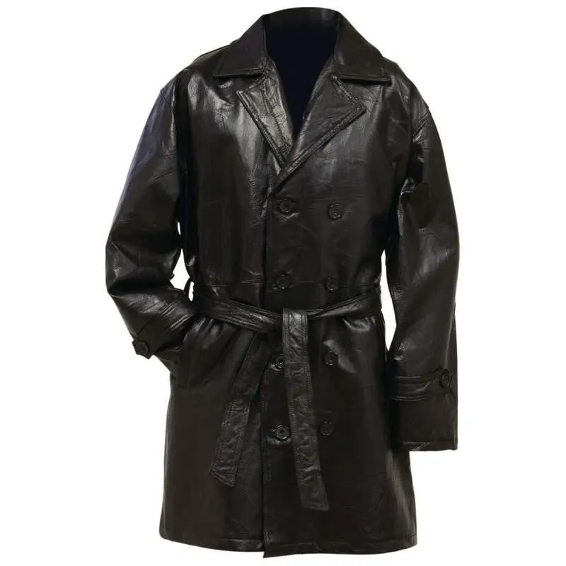 Giovanni Navarre Italian Stone Design Genuine Leather Mid-length Trench Coat- L