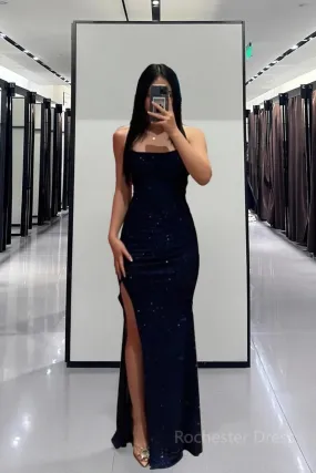 Glitter Sheath/Column Navy Blue Prom Dress with Split