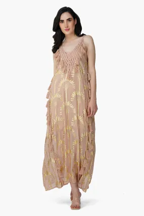 Golden Taupe Foil Printed Strap Maxi Dress