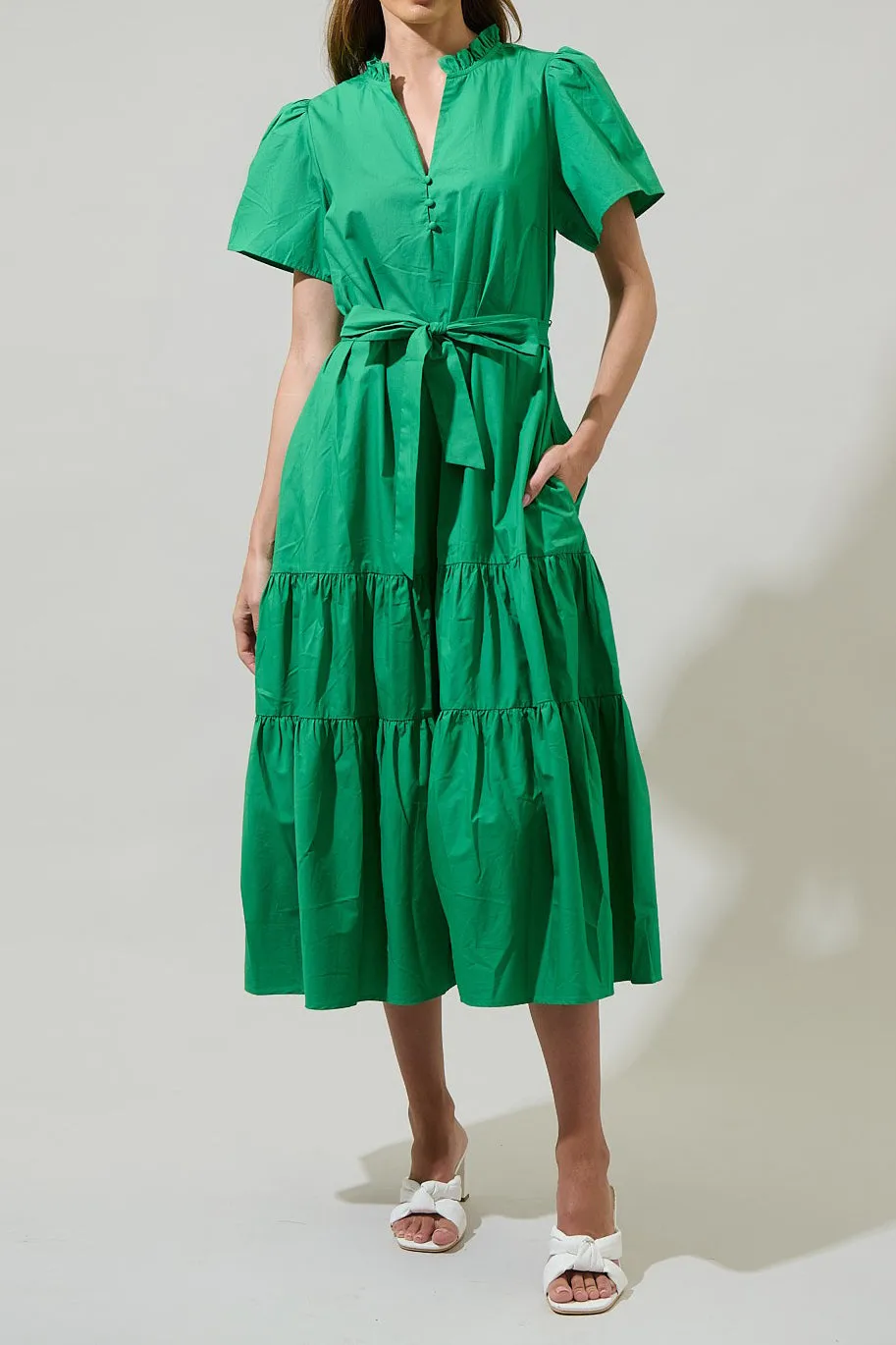 Green Short Sleeve Midi Dress