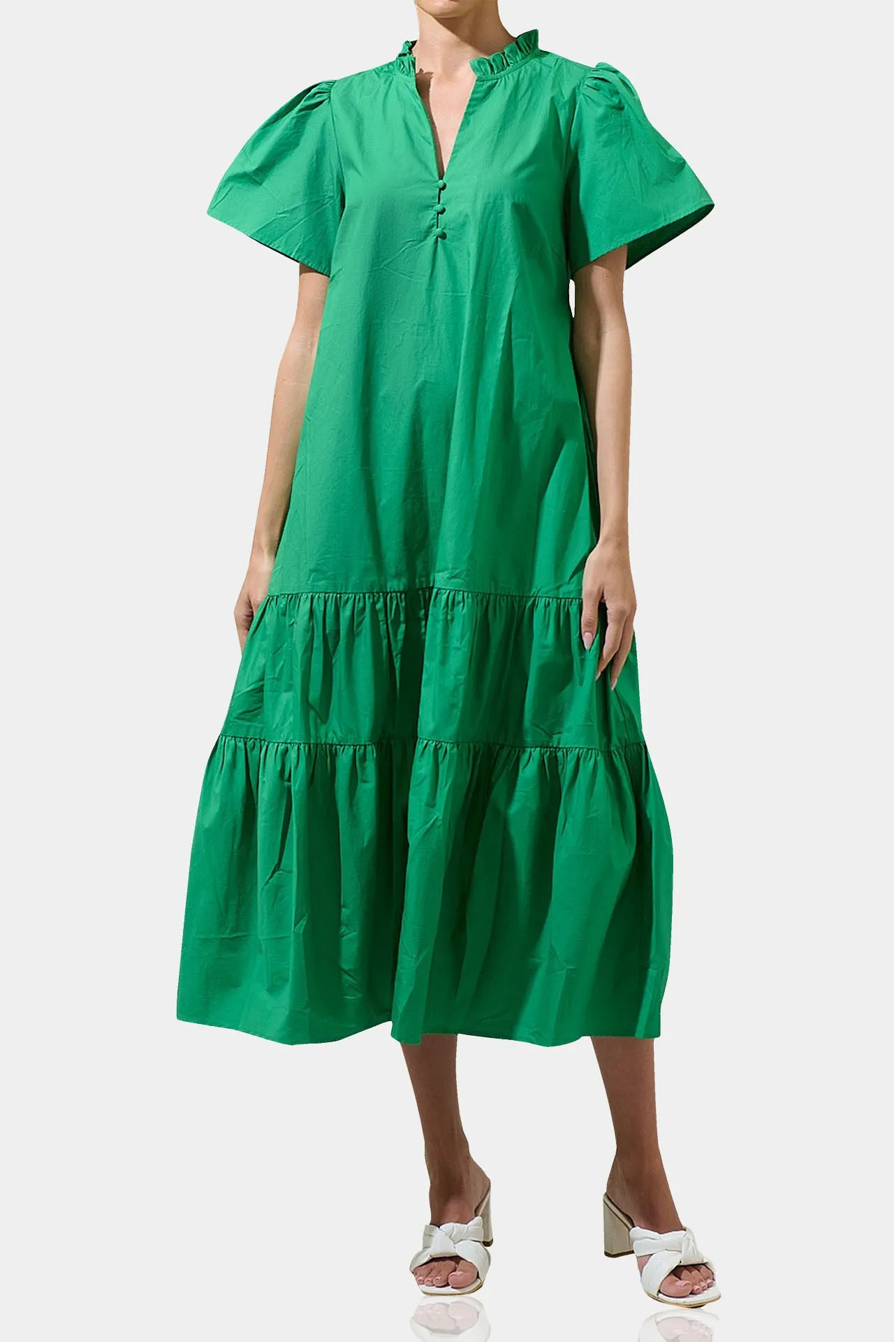 Green Short Sleeve Midi Dress