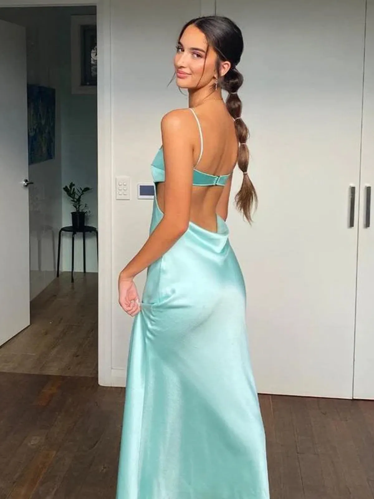 Jelissa | Spaghetti Straps Sheath Aqua Blue Prom Dress Formal Satin Party Dress