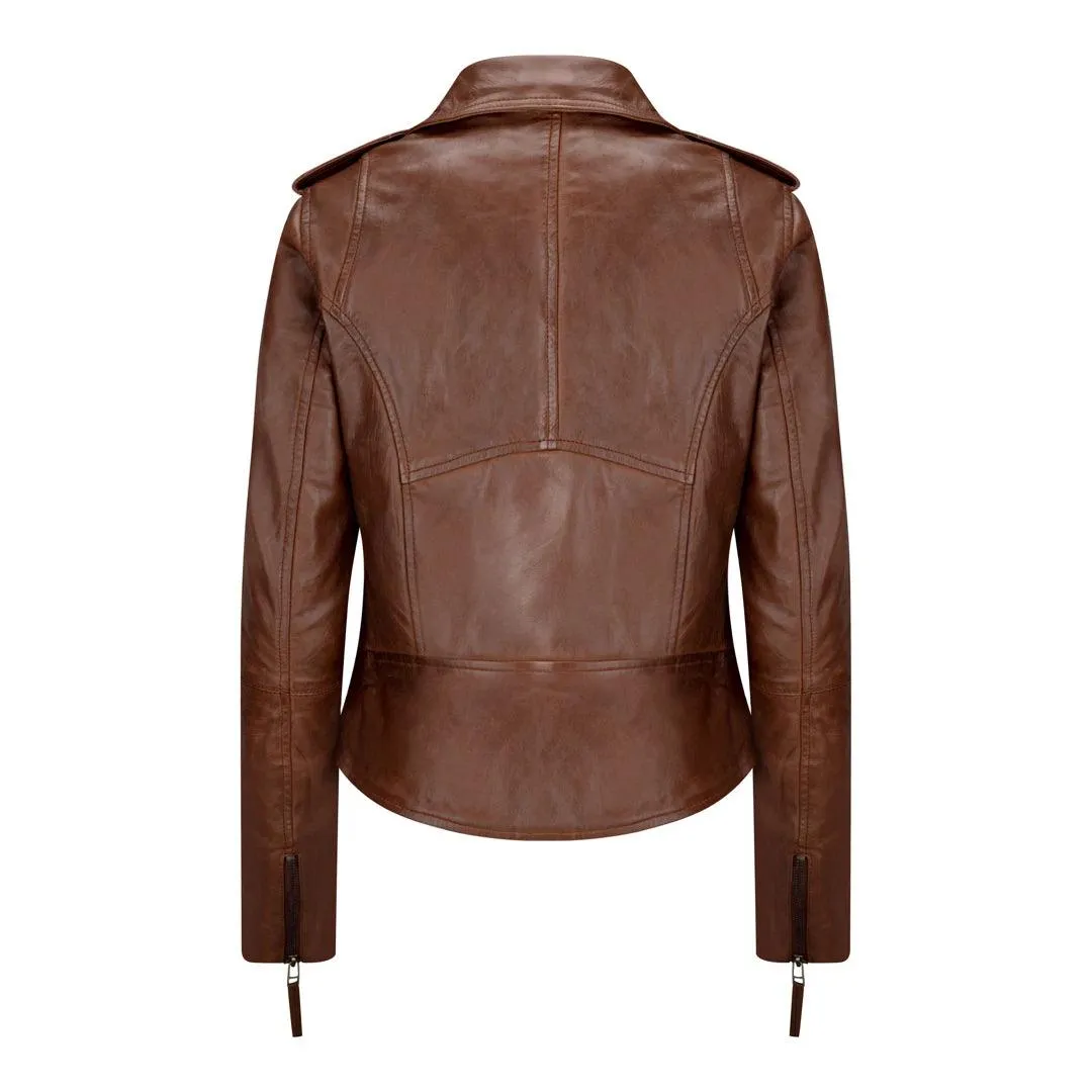 Ladies real Leather Brown Slim Fit Short Retro Leather Jacket