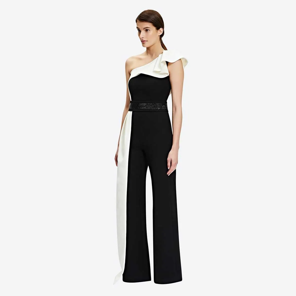 Long Black and White Contrast Sleeveless Slim Fit Splicing Solid Color Jumpsuit