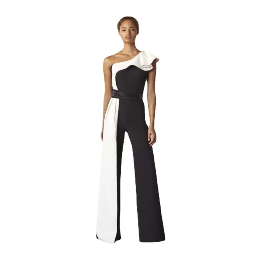 Long Black and White Contrast Sleeveless Slim Fit Splicing Solid Color Jumpsuit