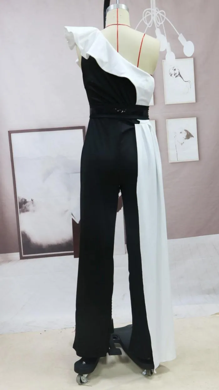 Long Black and White Contrast Sleeveless Slim Fit Splicing Solid Color Jumpsuit