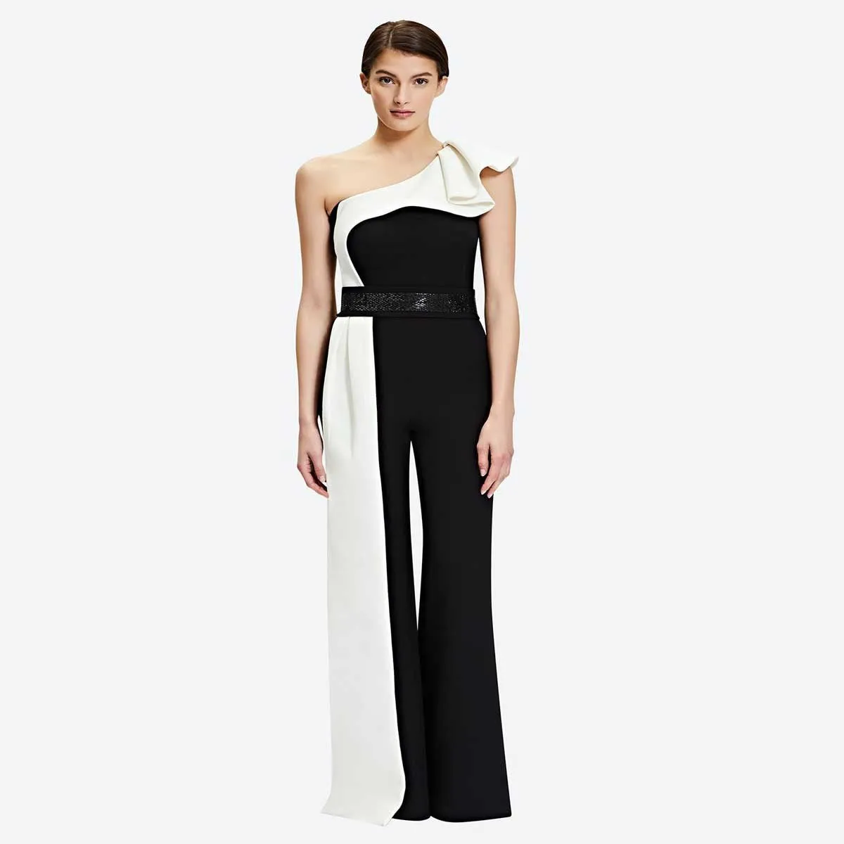 Long Black and White Contrast Sleeveless Slim Fit Splicing Solid Color Jumpsuit