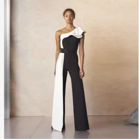 Long Black and White Contrast Sleeveless Slim Fit Splicing Solid Color Jumpsuit