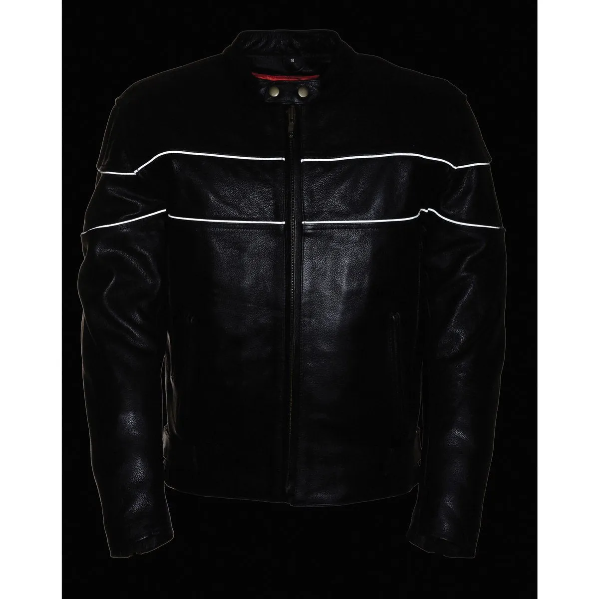 Milwaukee Leather LKM1785 Mens Black Leather Racer Style Motorcycle Jacket w/ Side Stretch and Reflective Piping