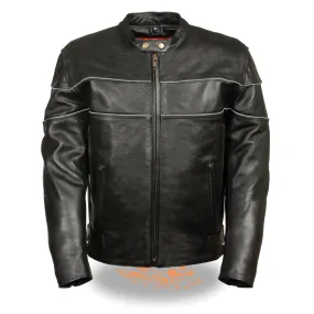 Milwaukee Leather LKM1785 Mens Black Leather Racer Style Motorcycle Jacket w/ Side Stretch and Reflective Piping