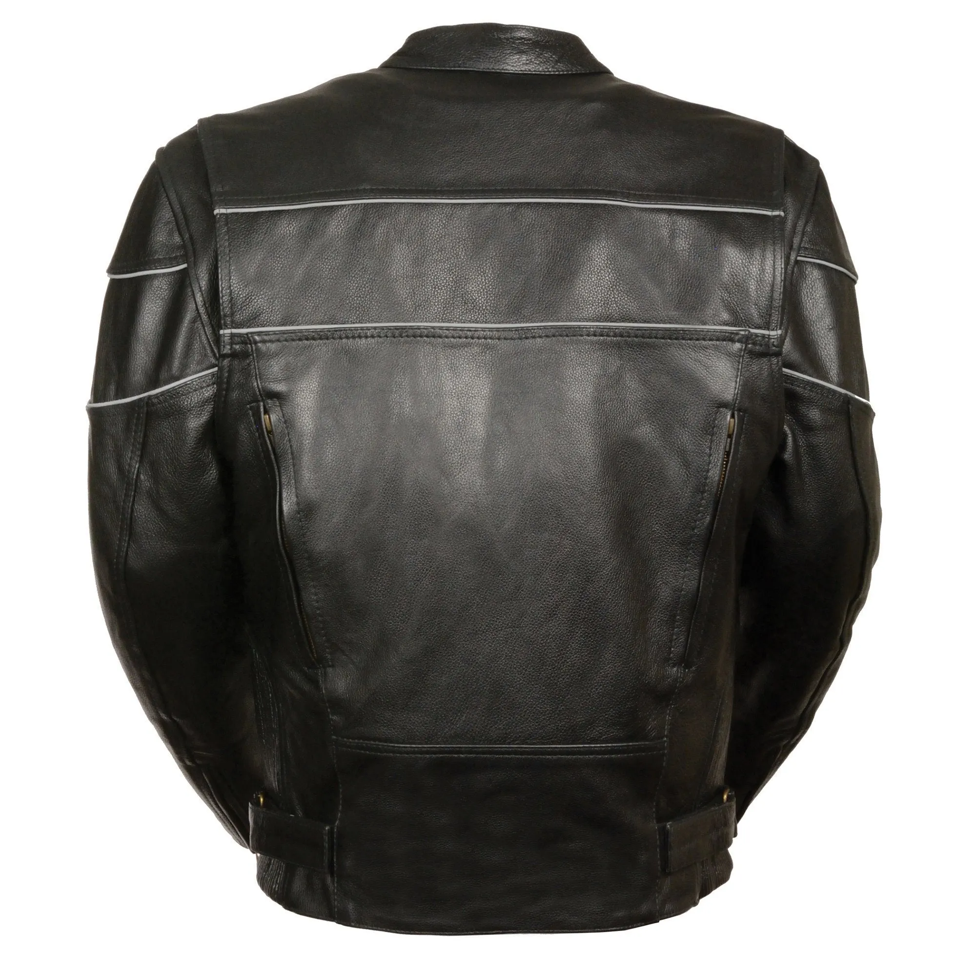 Milwaukee Leather LKM1785 Mens Black Leather Racer Style Motorcycle Jacket w/ Side Stretch and Reflective Piping