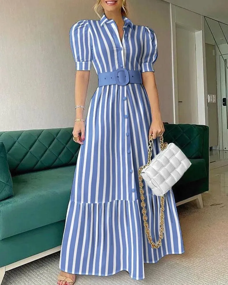 Misa Striped Statement Dress In Blue