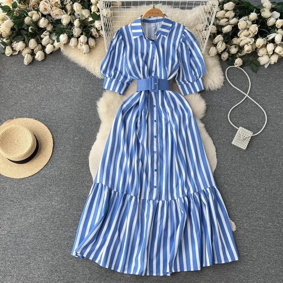 Misa Striped Statement Dress In Blue