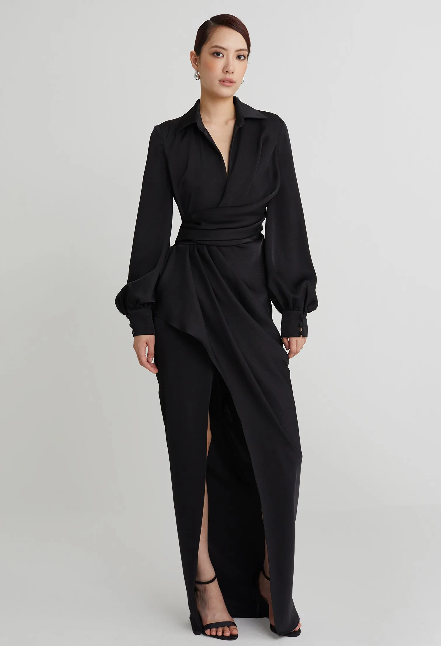 nichii X NURITA HARITH Draped 3-Button Cuff Sleeves Maxi Dress