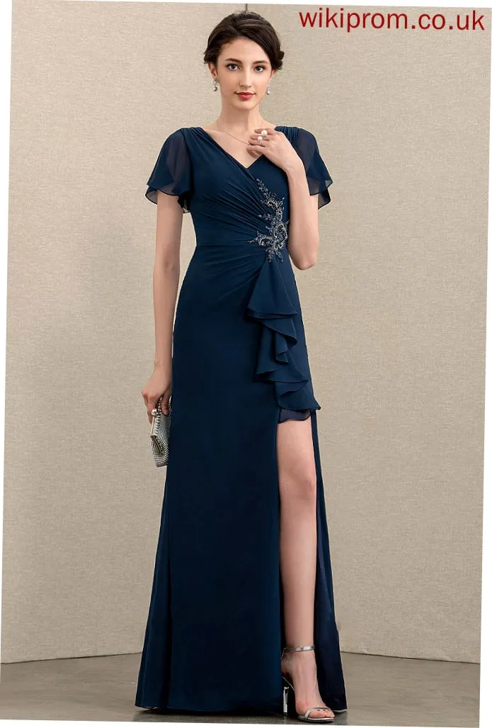 of Chiffon Reagan Cascading the Dress Sheath/Column Mother Front Beading Bride Ruffles Floor-Length Mother of the Bride Dresses V-neck Split With