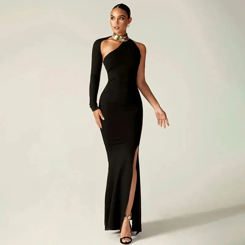 One Shoulder Split Maxi Dress for Club Outfits