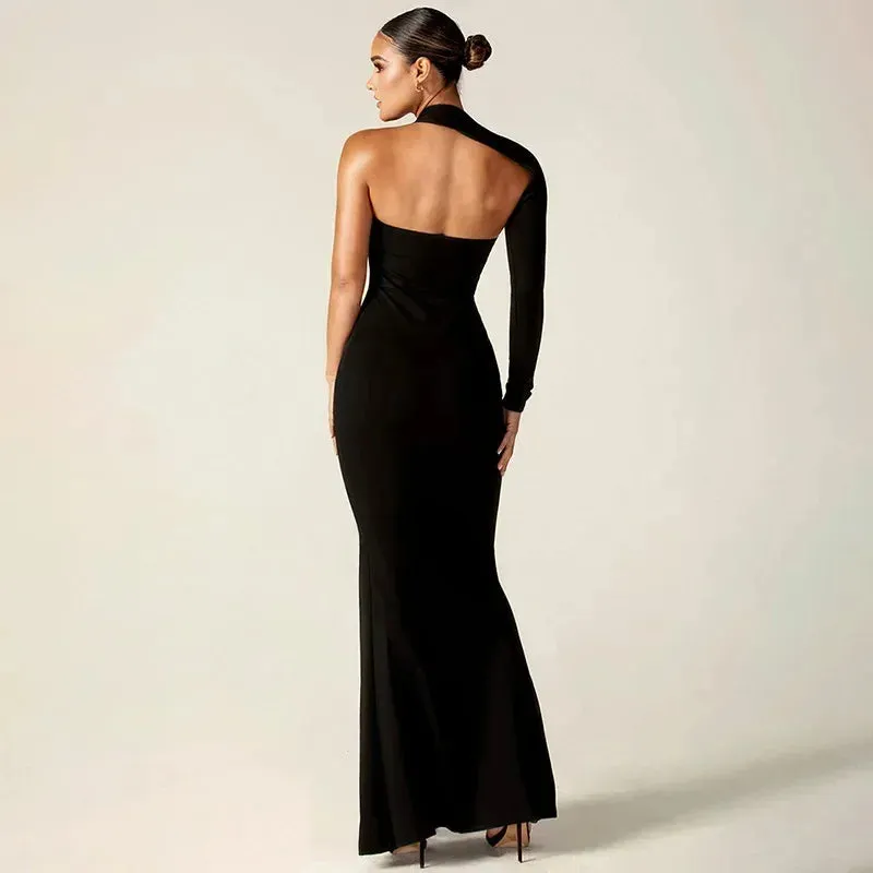 One Shoulder Split Maxi Dress for Club Outfits