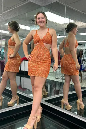 Orange Sequins V Neck Tight Short Homecoming Dresses